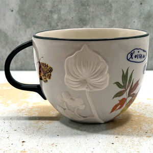 Anthropologie Nathalie Lete Titania Mug Bird Butterfly Embossed Flowers 17 oz